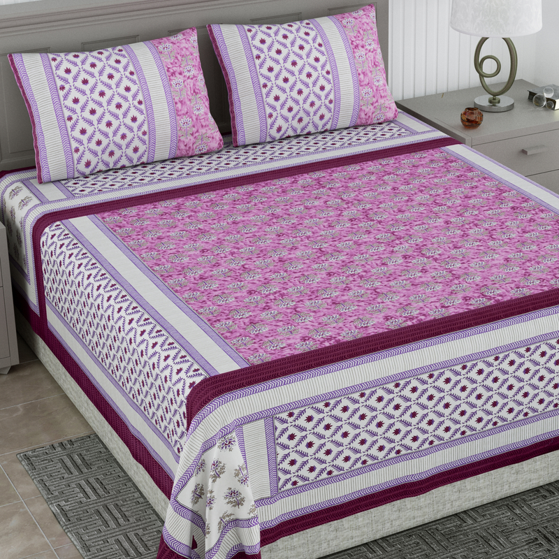 Premium 100% Cotton Super King Size Bedsheet with 2 Pillow covers 300 TC - 108 x 108 Inches - purple lotus
